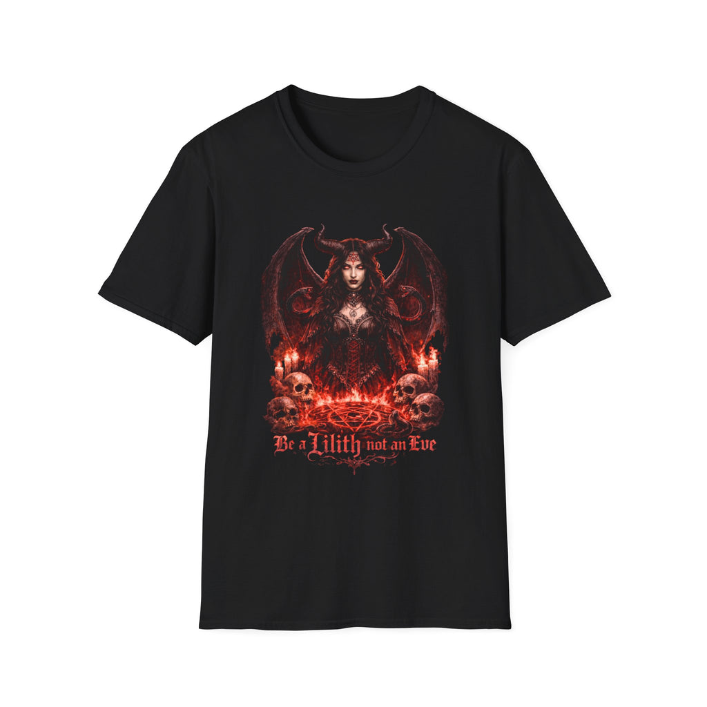 Women’s black t shirt with goth Image and text be a Lilith not an eve 