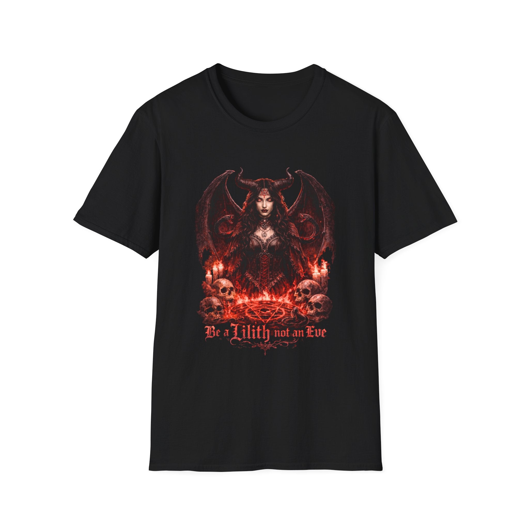 Women’s black t shirt with goth Image and text be a Lilith not an eve 