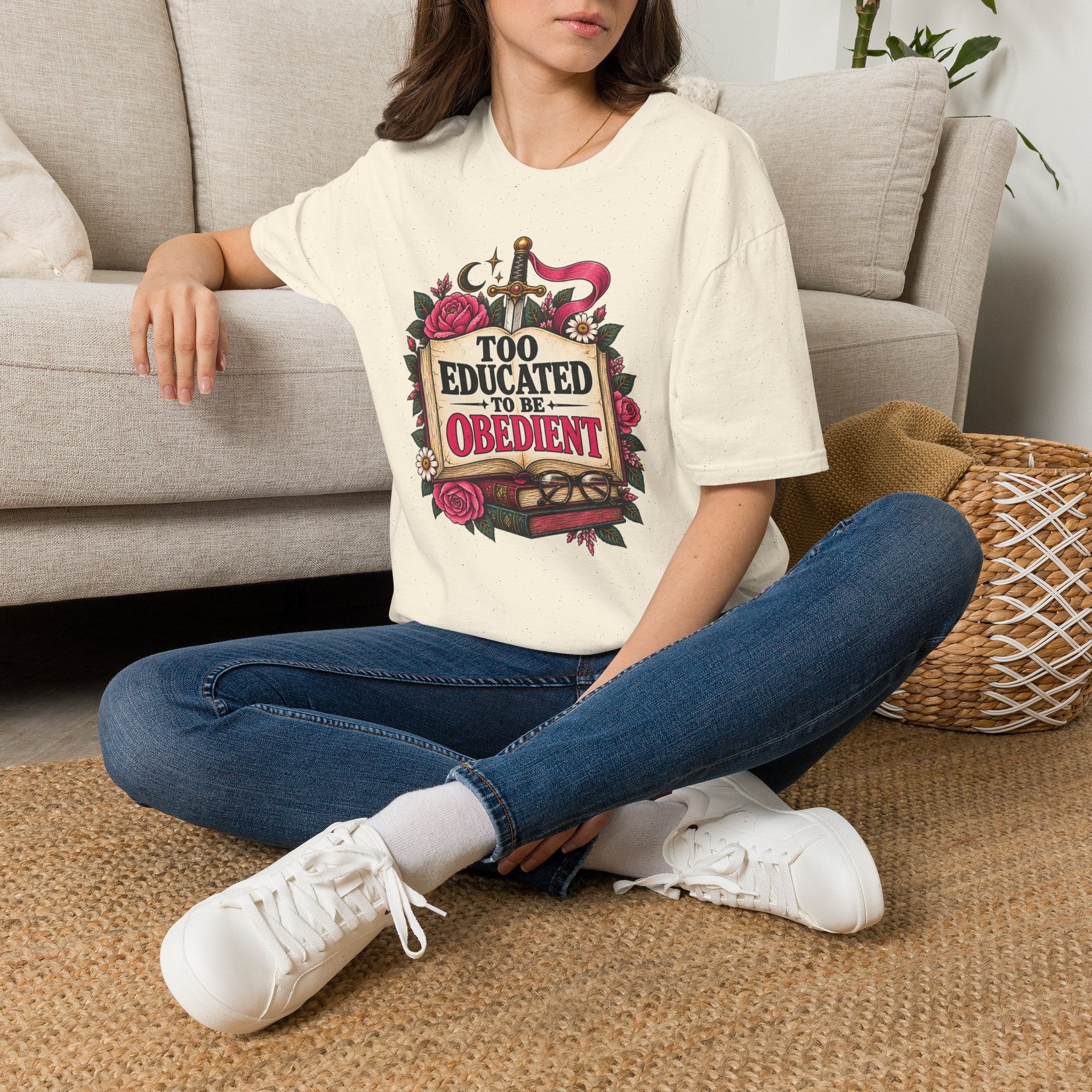 “Too Educated to Be Obedient” Feminist Floral Sword Graphic Tee