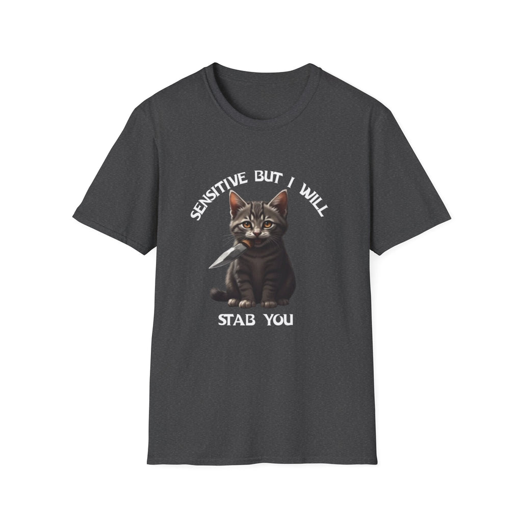 Women's Tee — "Sensitive But I Will Stab You" Cute Cat Graphic