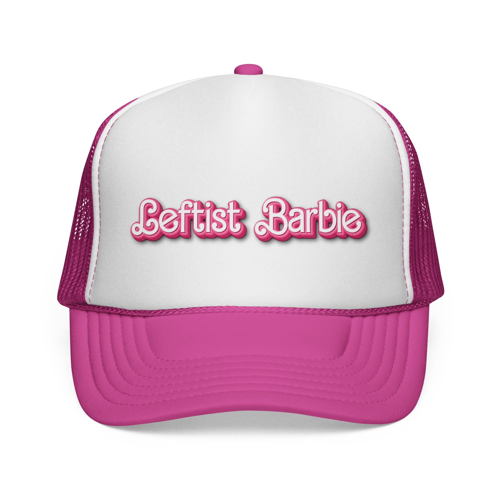 Leftist Barbie Trucker Cap — Pink Retro Script Political Mesh Hat