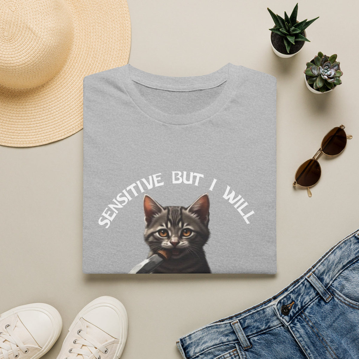 Women's Tee — "Sensitive But I Will Stab You" Cute Cat Graphic