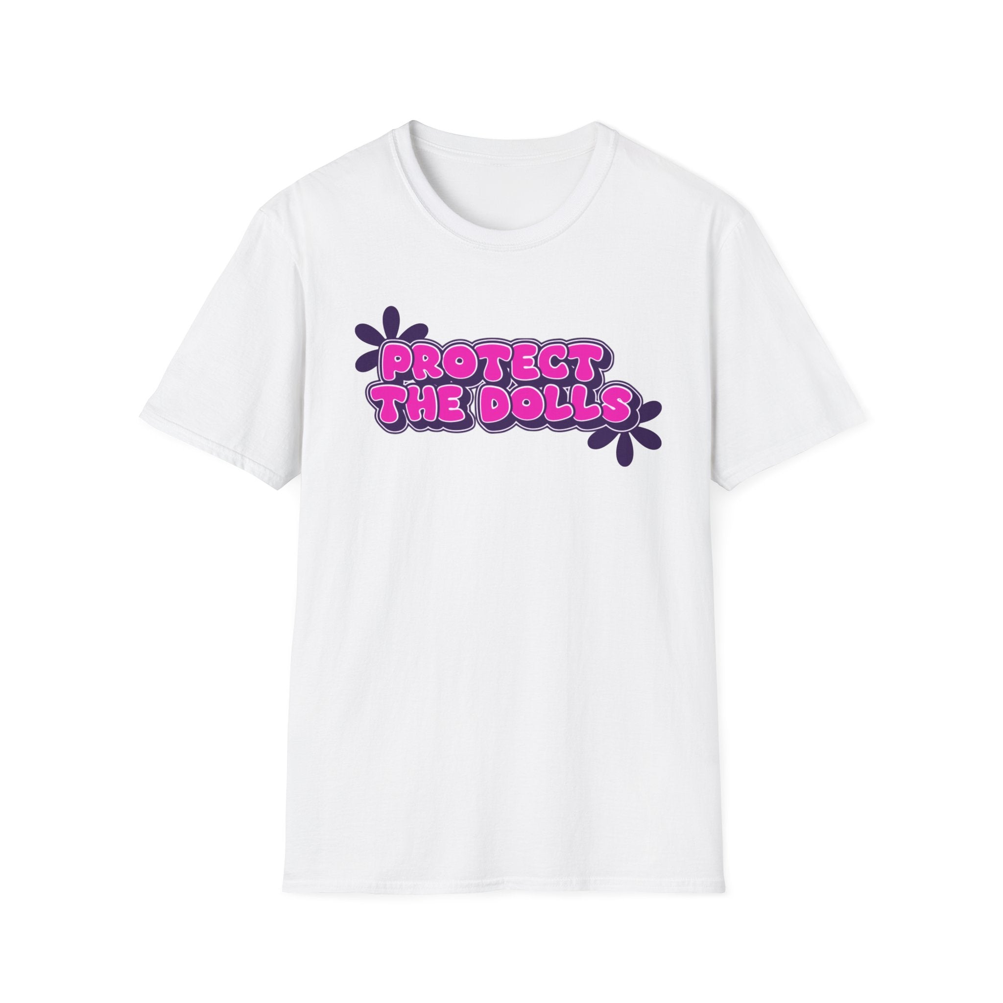 White t-shirt with 'Protect the Dolls' text and floral designs on a white background